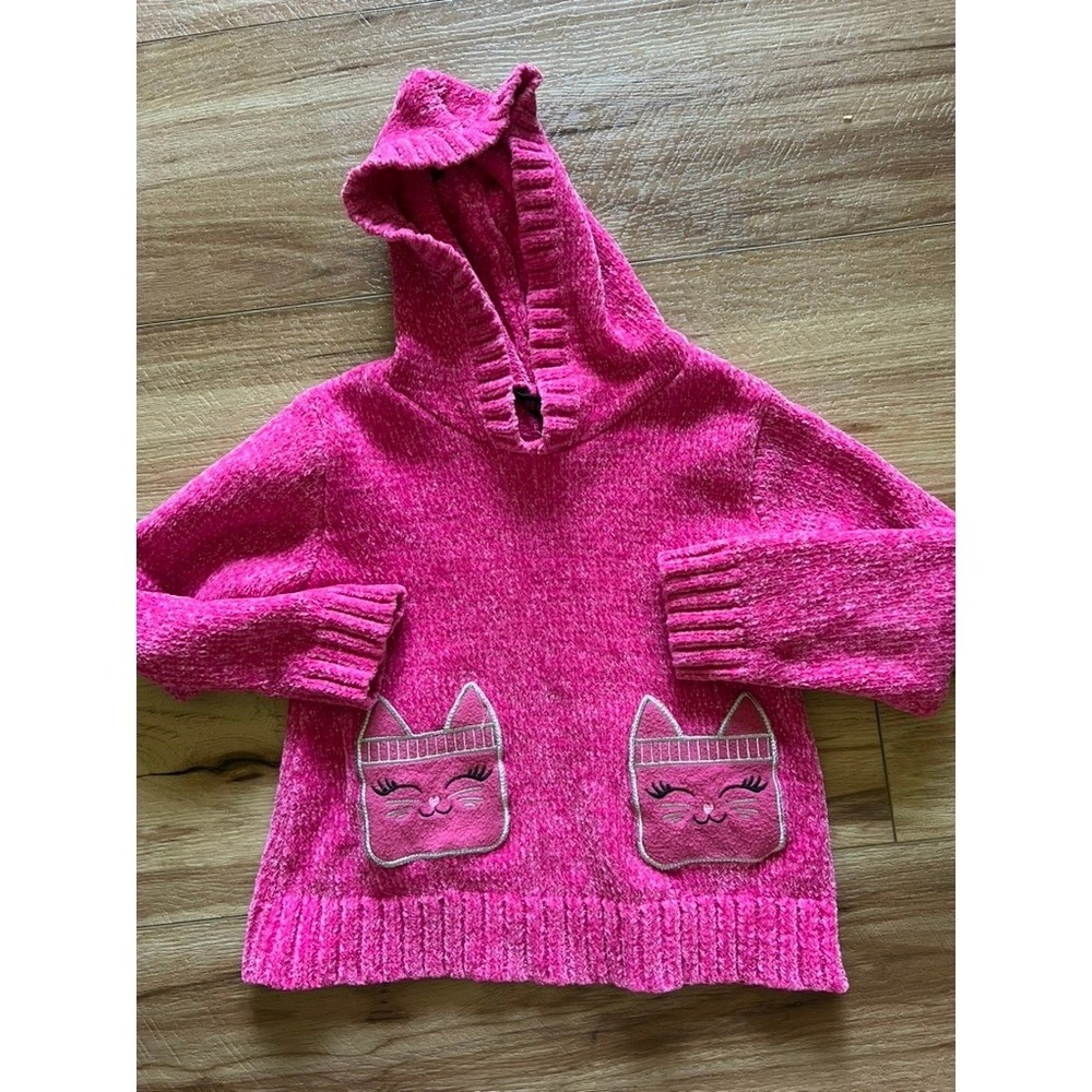 Delia's Girl Chenille‎ Hoodie Girls 5/6 Pink Cat Pocket Metallic Sparkle